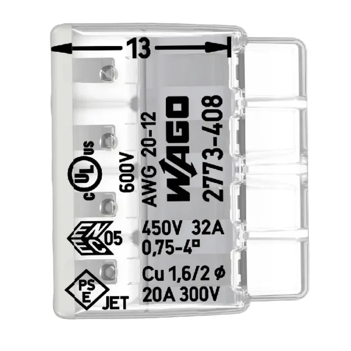 WAGO 2773-408 Compact Pushwire Connector - 2773 Series 12 AWG Push Connector - Image 2