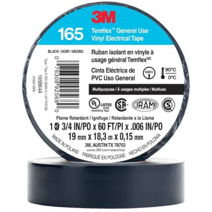 3M TEMFLEX-3/4X60CP10 Temflex Vinyl Electrical Tape 165, Black - 3/4 in x 60 ft