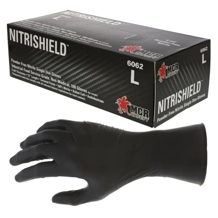 MCR Safety 6062 NitriShield Powder Free Disposable Nitrile Gloves, Black - Size 10 - XL - Box of 100 - Image 1