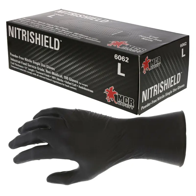 6062 MCR Safety 6062 NitriShield Powder Free Disposable Nitrile Gloves, Black - Size 10 - XL - Box of 100 - Image 1