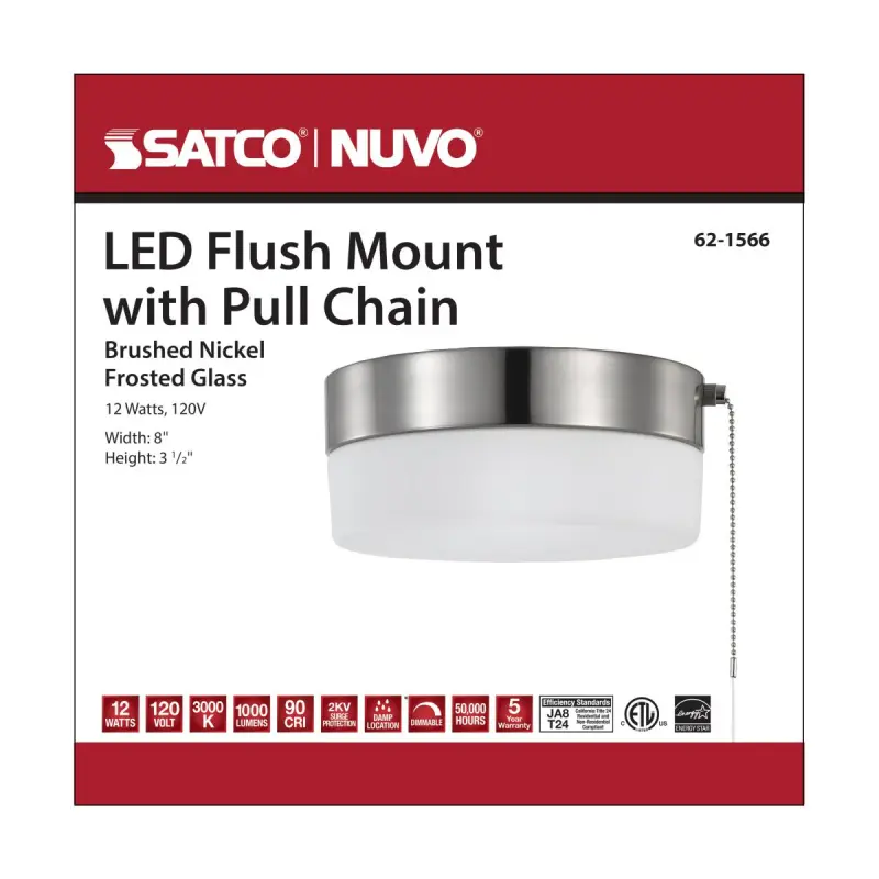 62-1566.1 Satco 62-1566 - 12 Watt; 8 inch; LED Flush Mount Fixture with Pull Chain; Brushed Nickel with Frosted Glass - Image 2