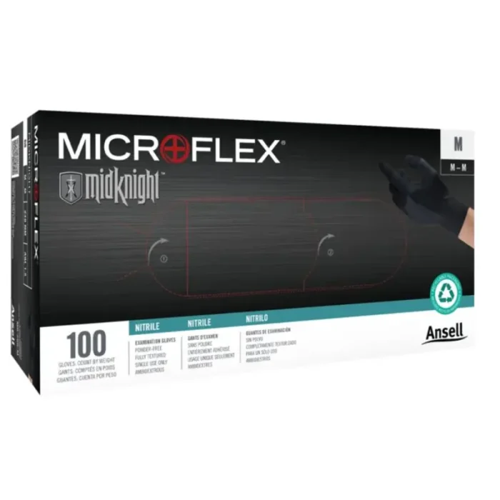 Ansell MK-296 Microflex Black Nitrile Disposable Exam Gloves, Powder-Free - Size 8 - M - Box of 100 - Image 1