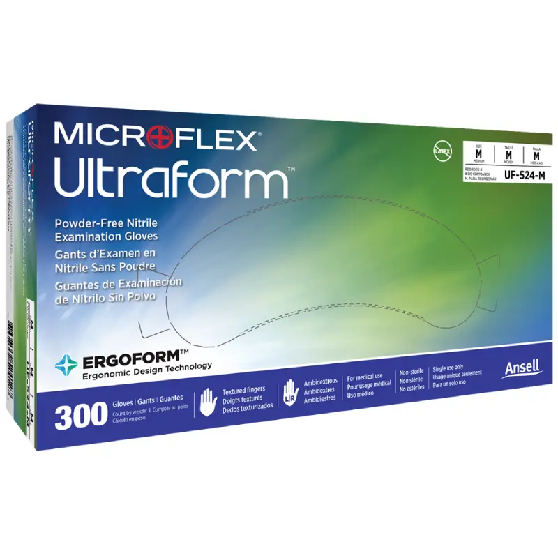 UF-524 Ansell UF-524 Microflex Ultraform Nitrile Disposable Exam Gloves, Ergoform Ergonomic - Size 8.5 - ML - Box of 300 - Image 1