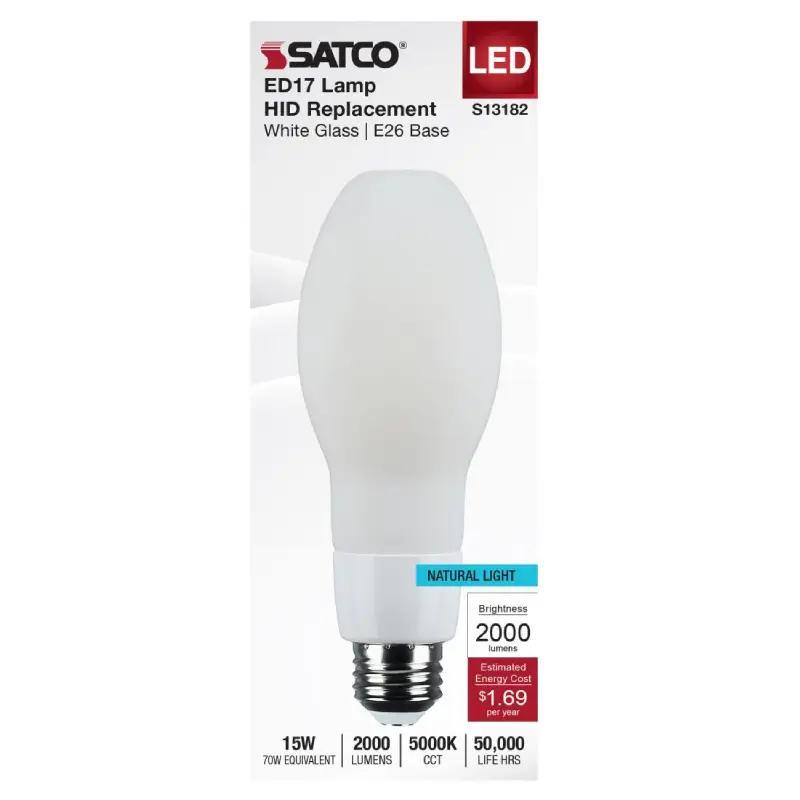 New Project (2) Satco S13182 - 15 Watt LED HID Replacement; ED17; 5000K; Medium Base; White; 120-277 Range Voltage - Image 1