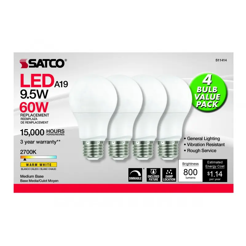 S11414.1 Satco S11414 9.5 Watt A19 LED; 2700K; Dimmable; Medium base; 230 deg. Beam Angle; 4-pack - Image 3