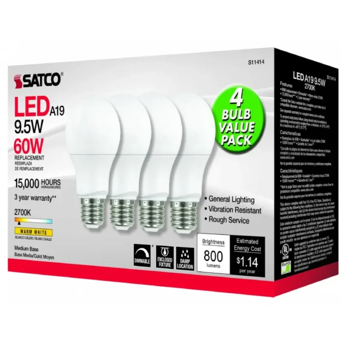 Satco S11414 9.5 Watt A19 LED; 2700K; Dimmable; Medium base; 230 deg. Beam Angle; 4-pack - Image 4
