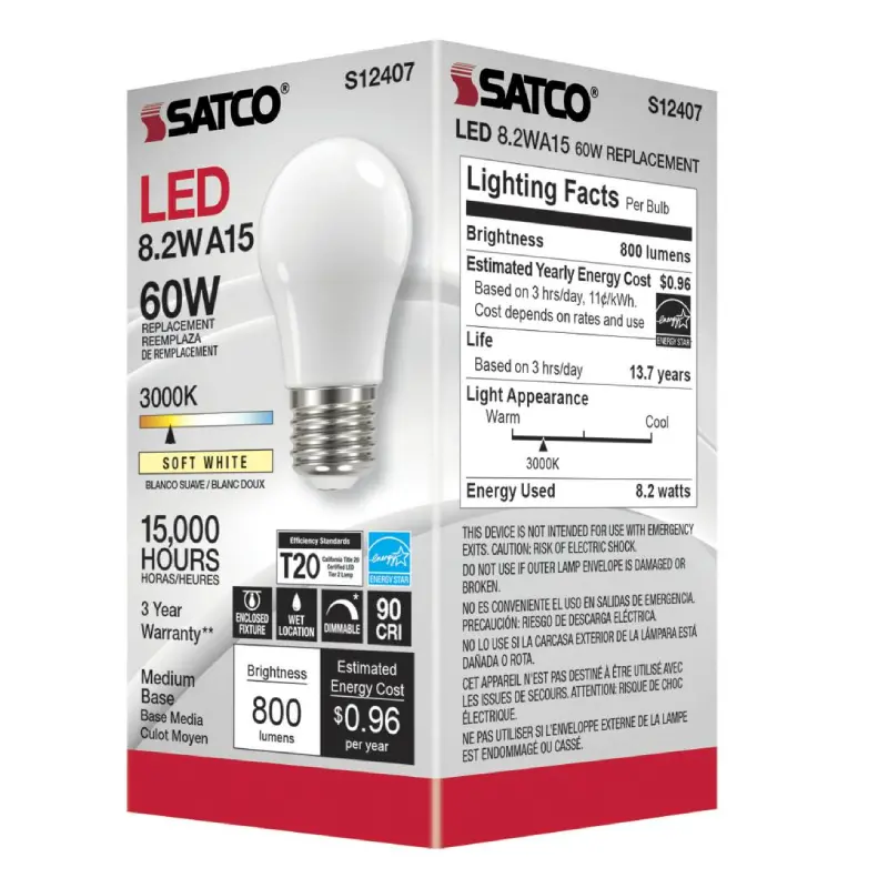 S12407 Satco S12407 - 8.2 Watt LED A15; Soft White; Medium Base; 3000K; 90 CRI; 120 Volt - Image 1