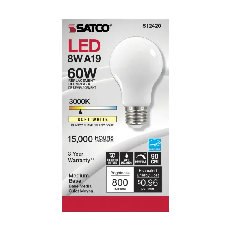 S12420 Satco S12420 8.2 Watt LED A19; Soft White; Medium Base; 3000K; 90 CRI; 120 Volt - Image 1