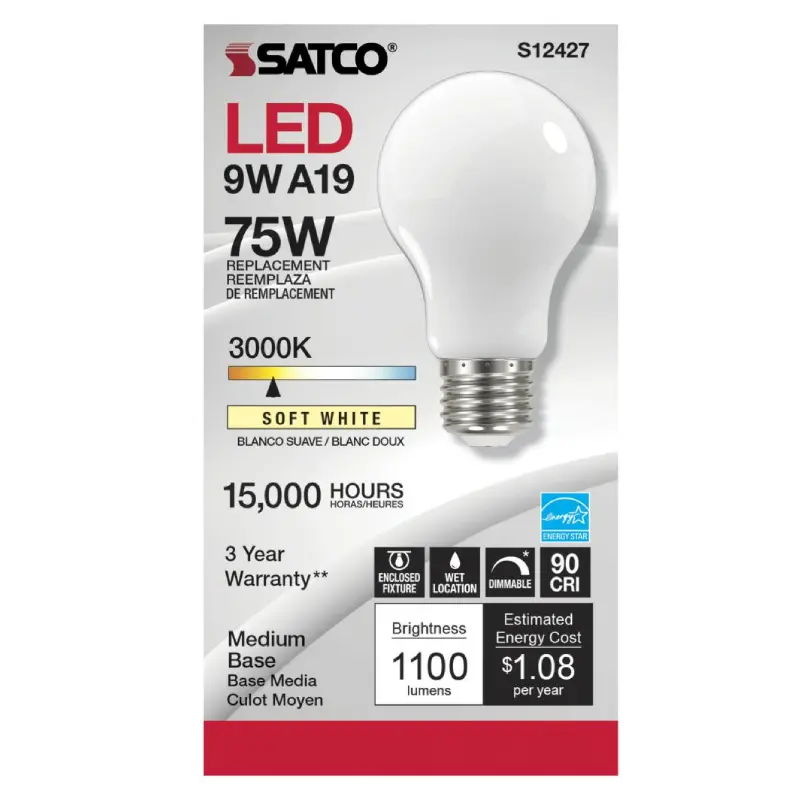 S12427 Satco S12427 - 11 Watt LED A19; Soft White; Medium Base; 3000K; 90 CRI; 120 Volt - Image 1