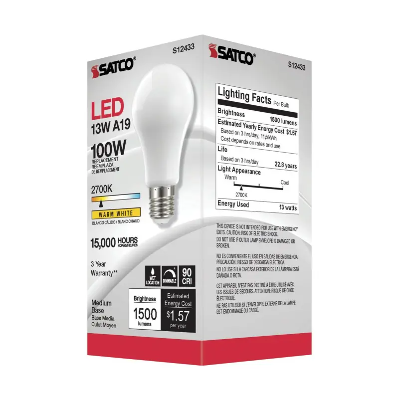 S12433 Satco S12433 - 13.5 Watt LED A19; Soft White; Medium Base; 2700K; 90 CRI; 120 Volt - Image 1