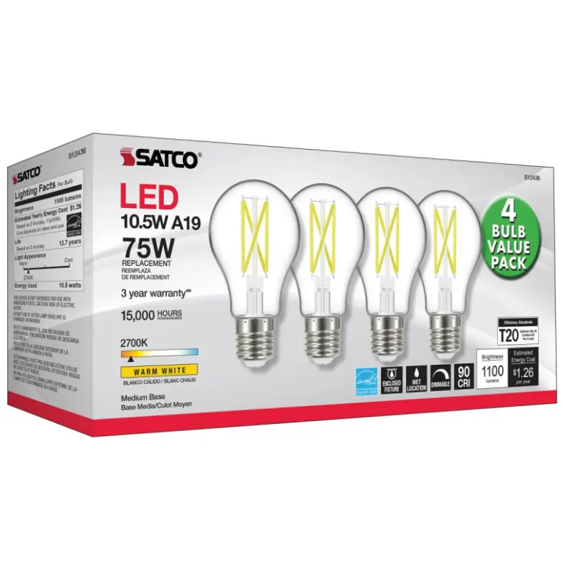 S12436 Satco S12436 - 10.5 Watt A19 LED; 75 Watt Replacement; Clear; Medium base; 2700K; 120 Volt; 4-Pack - Image 1