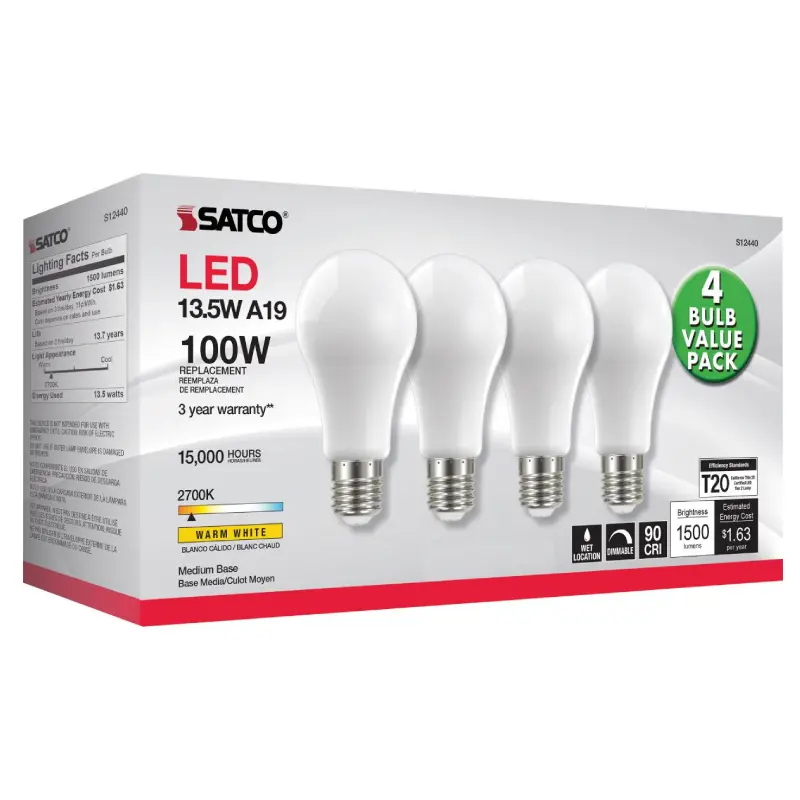 S12440 Satco S12440 13.5 Watt A19 LED; 100 Watt Replacement; Soft White; Medium base; 2700K; 120 Volt; 4-Pack - Image 1