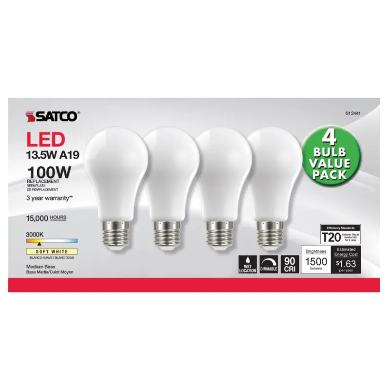 S12441 Satco S12441 13.5 Watt A19 LED; 100 Watt Replacement; Soft White; Medium base; 3000K; 120 Volt; 4-Pack - Image 1