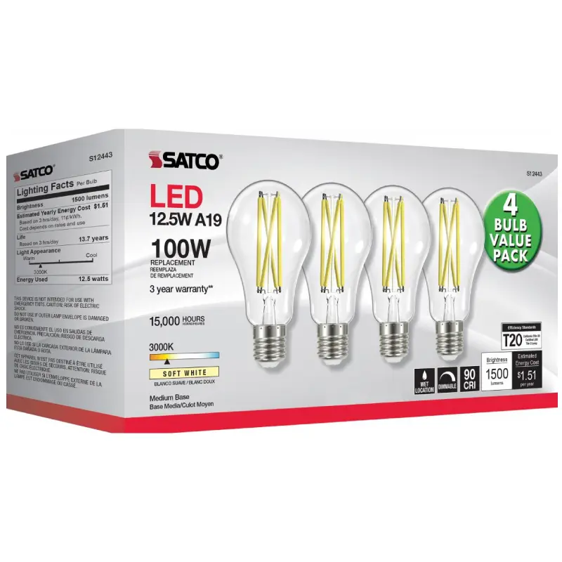 S12443 Satco S12443 12.5 Watt A19 LED; 100 Watt Replacement; Clear; Medium base; 3000K; 120 Volt; 4-Pack - Image 1