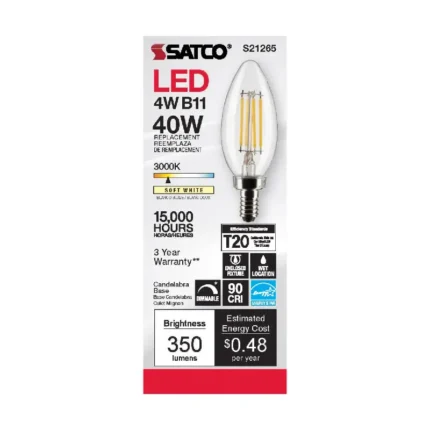Satco S21265 4 Watt B11 LED; Clear; Candelabra base; 90 CRI; 3000K; 120 Volt