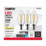 Satco S21366 4 Watt B11 LED; Clear; Candelabra base; 90 CRI; 2700K; 120 Volt; 3-Pack