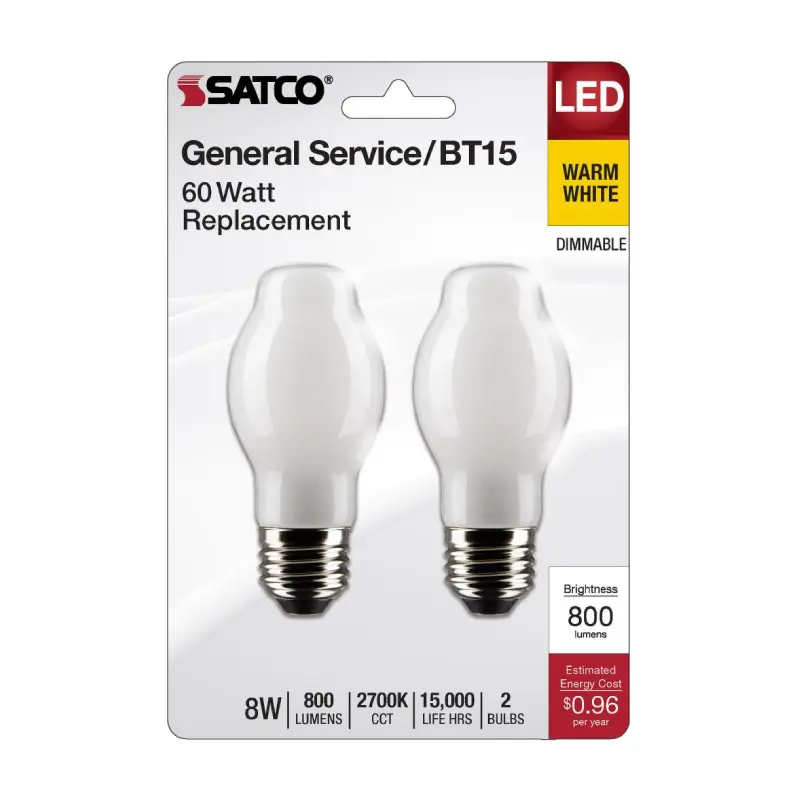 S21857 Satco S21857 8 Watt BT15 LED; White; Medium Base; 2700K; 800 Lumens; 120 Volt - Image 1