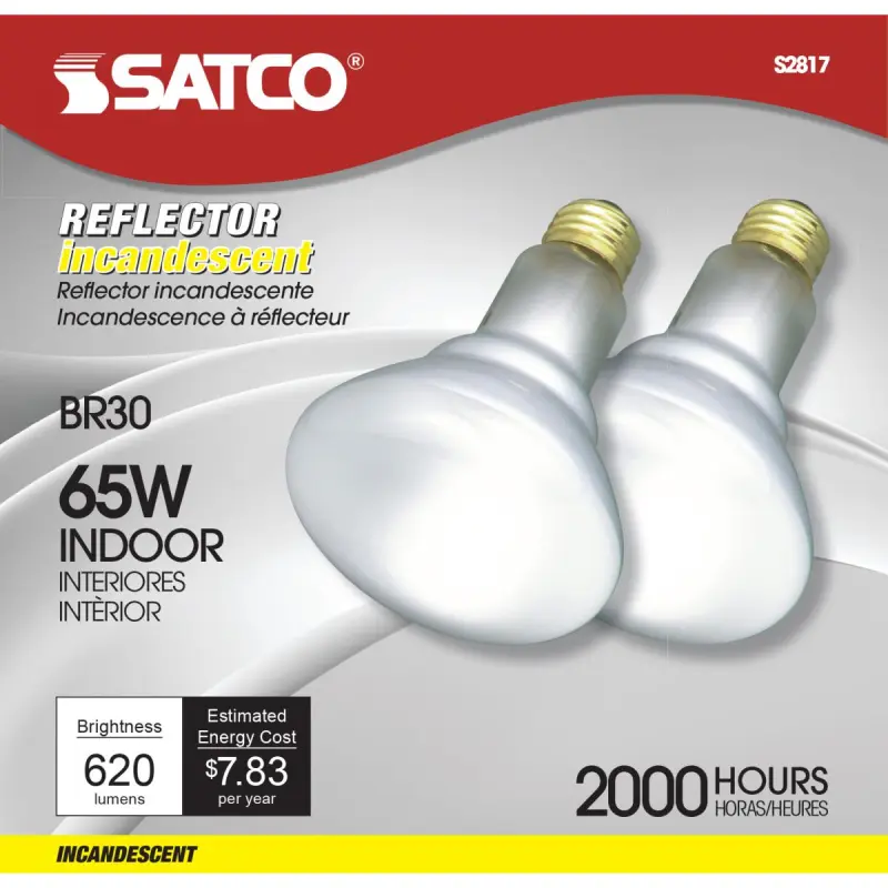 S2817.1 Satco S2817 - 65 Watt BR30 Incandescent; Frost; 2000 Average rated hours; 620 Lumens; Medium base; 120 Volt; 2/Pack - Image 1