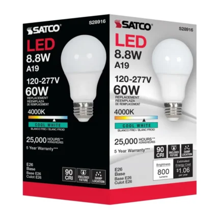 Satco S28916 8.8W; A19 LED; 4000K; Medium base; 220 deg. Beam Angle; 120-277V