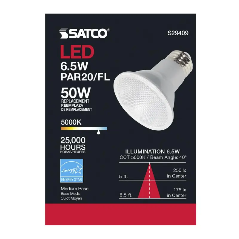 S29409 Satco S29409 - 6.5 Watt; PAR20 LED; 5000K; 40 deg. Beam Angle; Medium base; 120 Volt - Image 1
