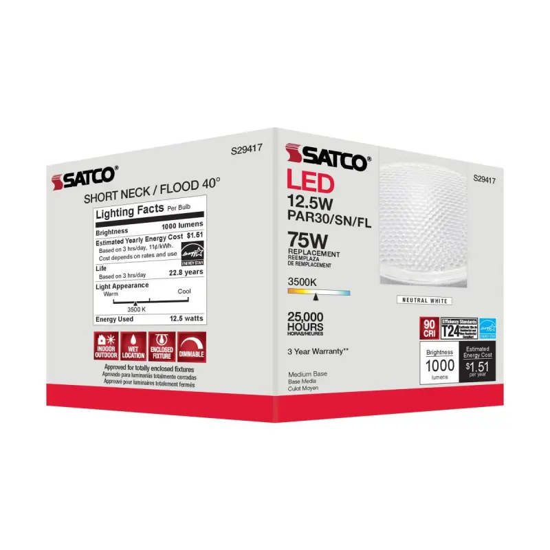 S29417 Satco S29417 - 12.5 Watt; PAR30SN LED; 3500K; 40 deg. Beam Angle; Medium base; 120 Volt - Image 1