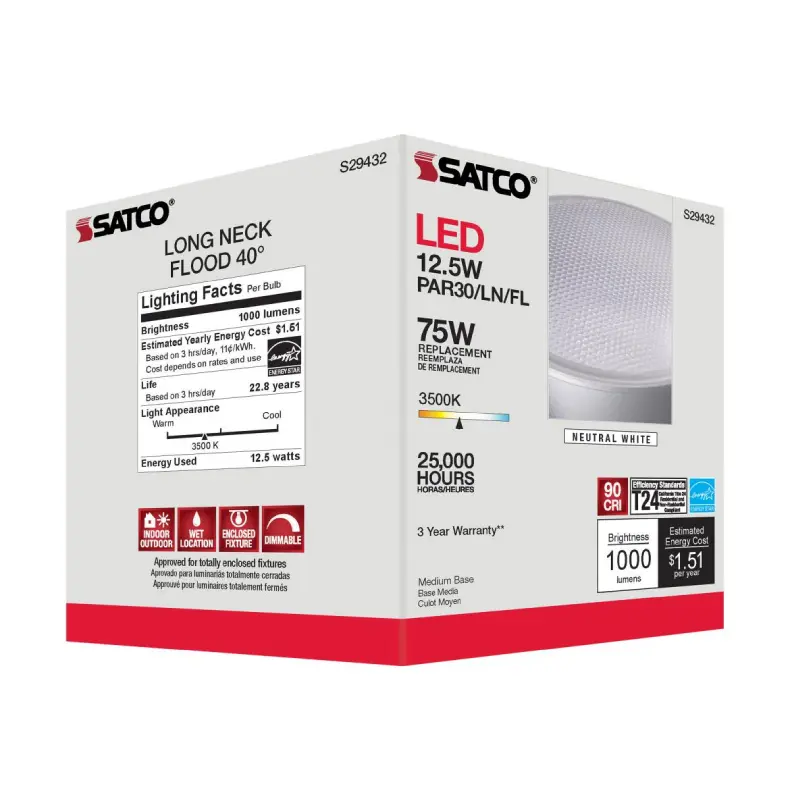 S29432 Satco S29432 - 12.5 Watt; PAR30LN LED; 3500K; 40 deg. Beam Angle; Medium base; 120 Volt - Image 1