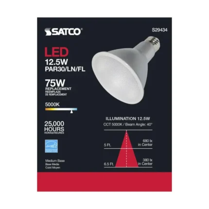 Satco S29434 - 12.5 Watt; PAR30LN LED; 5000K; 40 deg. Beam Angle; Medium base; 120 Volt