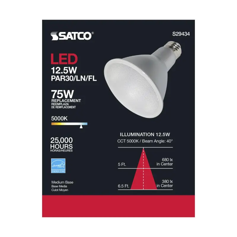 S29434 Satco S29434 - 12.5 Watt; PAR30LN LED; 5000K; 40 deg. Beam Angle; Medium base; 120 Volt - Image 1