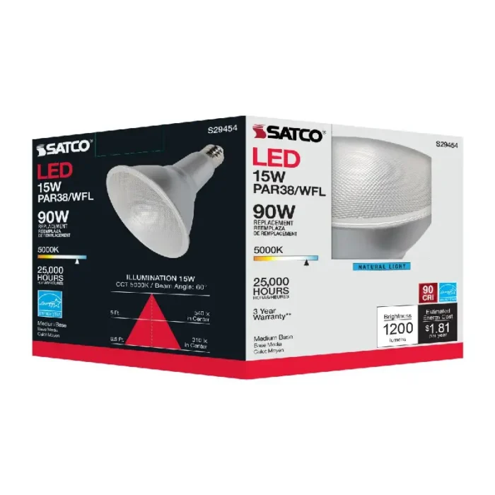 Satco S29454 15 Watt; PAR38 LED; 5000K; 60 deg. Beam Angle; Medium base; 120 Volt - Image 1