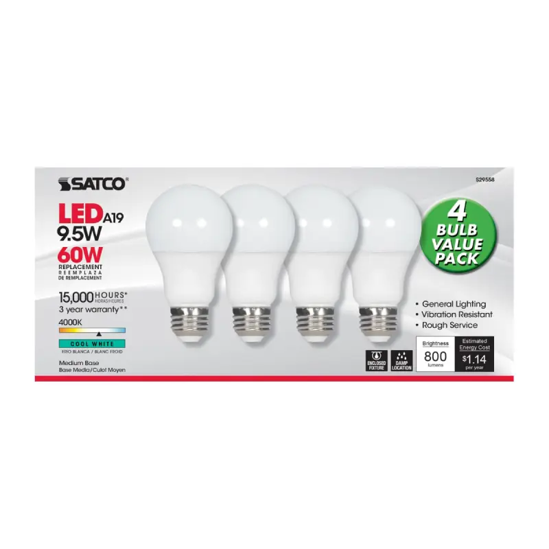 S29558.webp Satco S29558 9.5W LED A19 Lamp - 60W Equiv - 4000K Cool White - Frosted - E26 - 4-Pack - Image 1