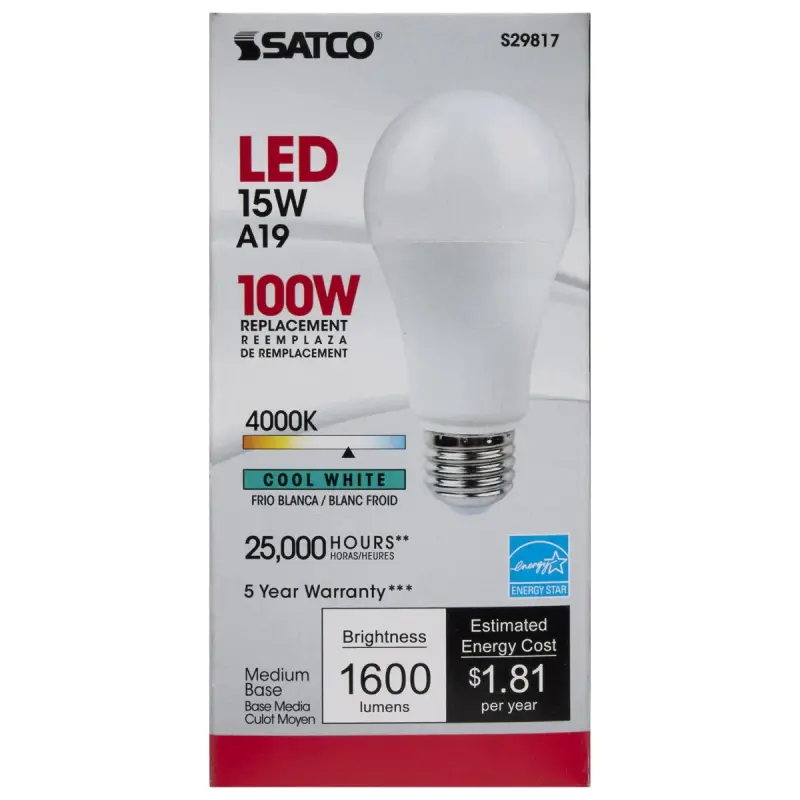 S29817 Satco S29817 - 15 Watt; A19 LED; Frosted; 4000K; Medium base; 220 deg. Beam Angle; 120 Volt - Image 1