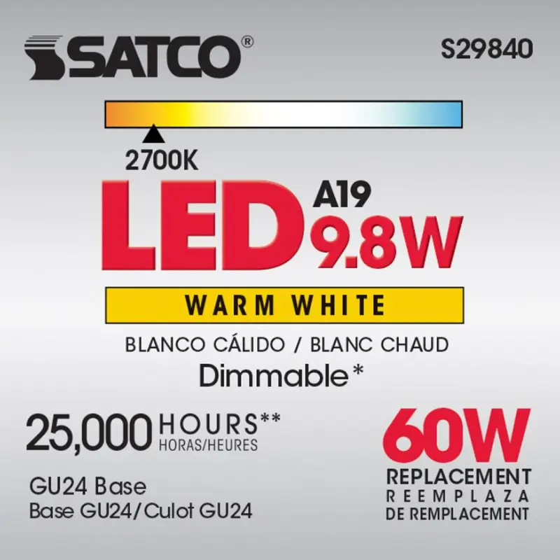S29840.2 Satco S29840 9.8 Watt; A19 LED; 2700K; GU24 base; 220 deg. Beam Angle; 120 Volt - Image 4