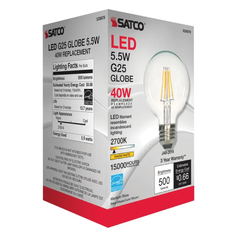 S29878 Satco S29878 - 5.5 Watt G25 LED; Clear; Medium base; 2700K; 500 Lumens; 120 Volt - Image 1