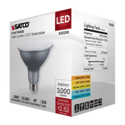 Satco S32250 - 21 Watt PAR38 High Lumen LED; 27K/30K/35K/40K/50K CCT Selectable; Medium Base; 120 Volt