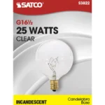 Satco S3822 25 Watt G16 1/2 Incandescent; Clear; 1500 Average rated hours; 232 Lumens; Candelabra base; 120 Volt