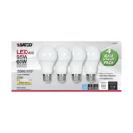 Satco S39596 9.5 Watt; A19 LED; Frosted; 2700K; Medium base; 220 deg. Beam Angle; 120 Volt; Non-Dimmable; 4-Pack