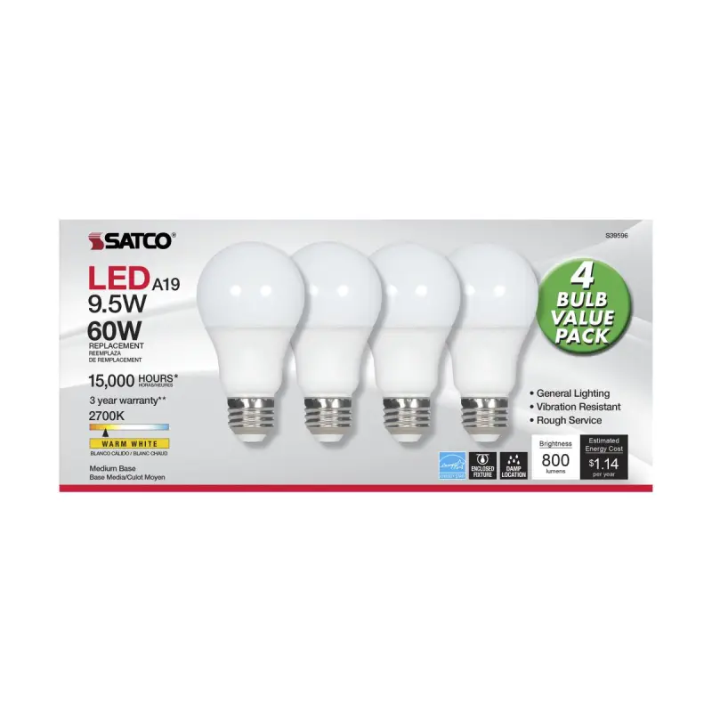 S39596 Satco S39596 9.5 Watt; A19 LED; Frosted; 2700K; Medium base; 220 deg. Beam Angle; 120 Volt; Non-Dimmable; 4-Pack - Image 1