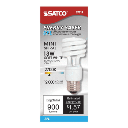 Satco S7217 13 Watt; Mini Spiral Compact Fluorescent; 2700K; 82 CRI; Medium base; 120 Volt