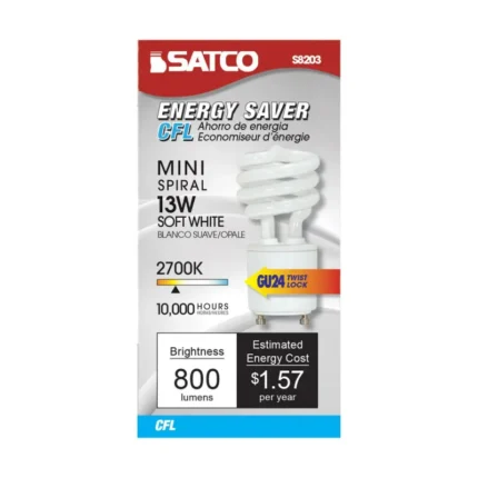 Satco S8203 13 Watt; Mini Spiral Compact Fluorescent; 2700K; 82 CRI; GU24 base; 120 Volt