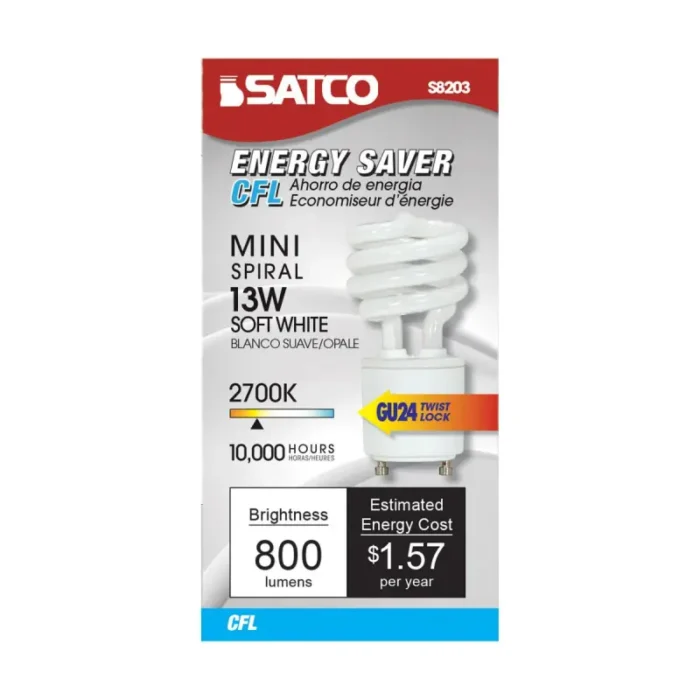 Satco S8203 13 Watt; Mini Spiral Compact Fluorescent; 2700K; 82 CRI; GU24 base; 120 Volt - Image 1