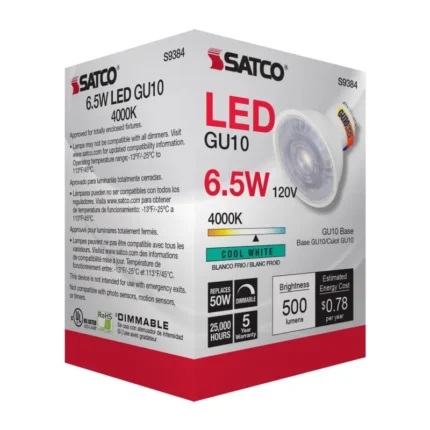 Satco S9384 - 6.5 Watt; LED MR16; 4000K; 40 deg. Beam Angle; GU10 base; 120 Volt