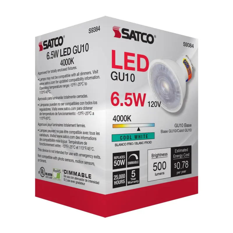 S9384 Satco S9384 - 6.5 Watt; LED MR16; 4000K; 40 deg. Beam Angle; GU10 base; 120 Volt - Image 1
