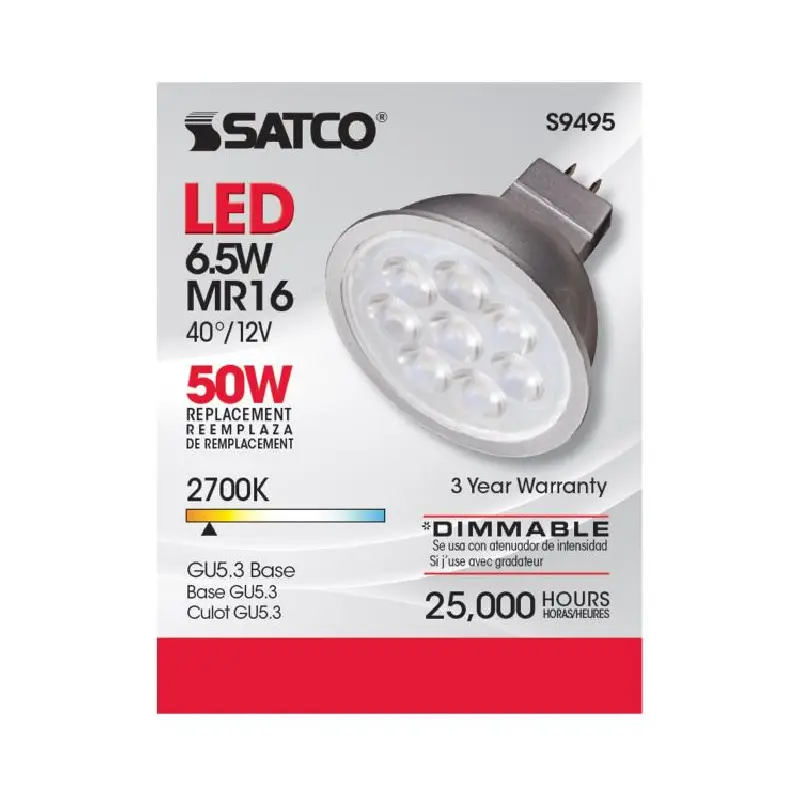 S9495 Satco S9495 6.5 Watt; LED MR16 LED; 2700K; 40 deg. Beam Angle; GU5.3 base; 12 Volt AC/DC - Image 1