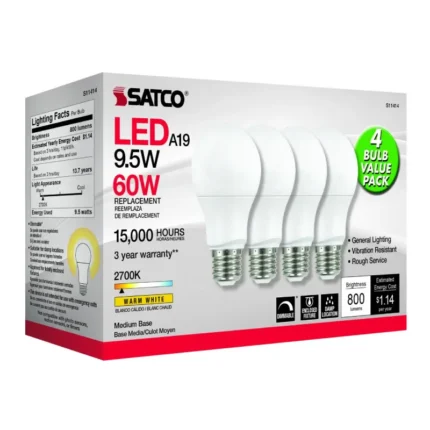 Satco S11414 9.5 Watt A19 LED; 2700K; Dimmable; Medium base; 230 deg. Beam Angle; 4-pack