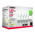 Satco S11415 9.5 Watt A19 LED; 3000K; Dimmable; Medium base; 230 deg. Beam Angle; 4-pack
