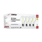 Satco S12463 8 Watt A19 LED; Clear; 3000K; Medium Base; 120 Volt; 4-Pack
