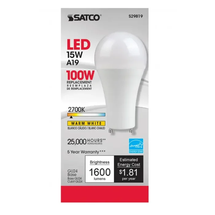 Satco S29819 15 Watt; A19 LED; Frosted; 2700K; GU24 base; 220 deg. Beam Angle; 120 Volt - Image 1
