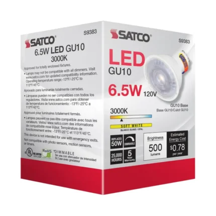 Satco S9383 6.5 Watt; LED MR16; 3000K; 40 deg. Beam Angle; GU10 base; 120 Volt