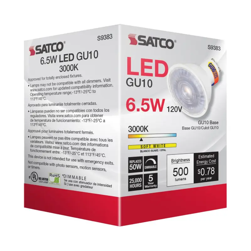 Satco S9383 6.5 Watt; LED MR16; 3000K; 40 deg. Beam Angle; GU10 base; 120 Volt Satco S9383 6.5 Watt; LED MR16; 3000K; 40 deg. Beam Angle; GU10 base; 120 Volt - Image 1