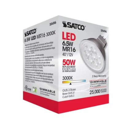 Satco S9496 6.5 Watt; LED MR16 LED; 3000K; 40 deg. Beam Angle; GU5.3 base; 12 Volt AC/DC